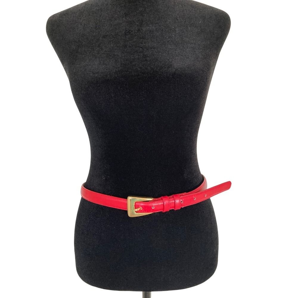 Vintage Red Genuine Leather Skinny Belt Gold Tone Buckle Made in China